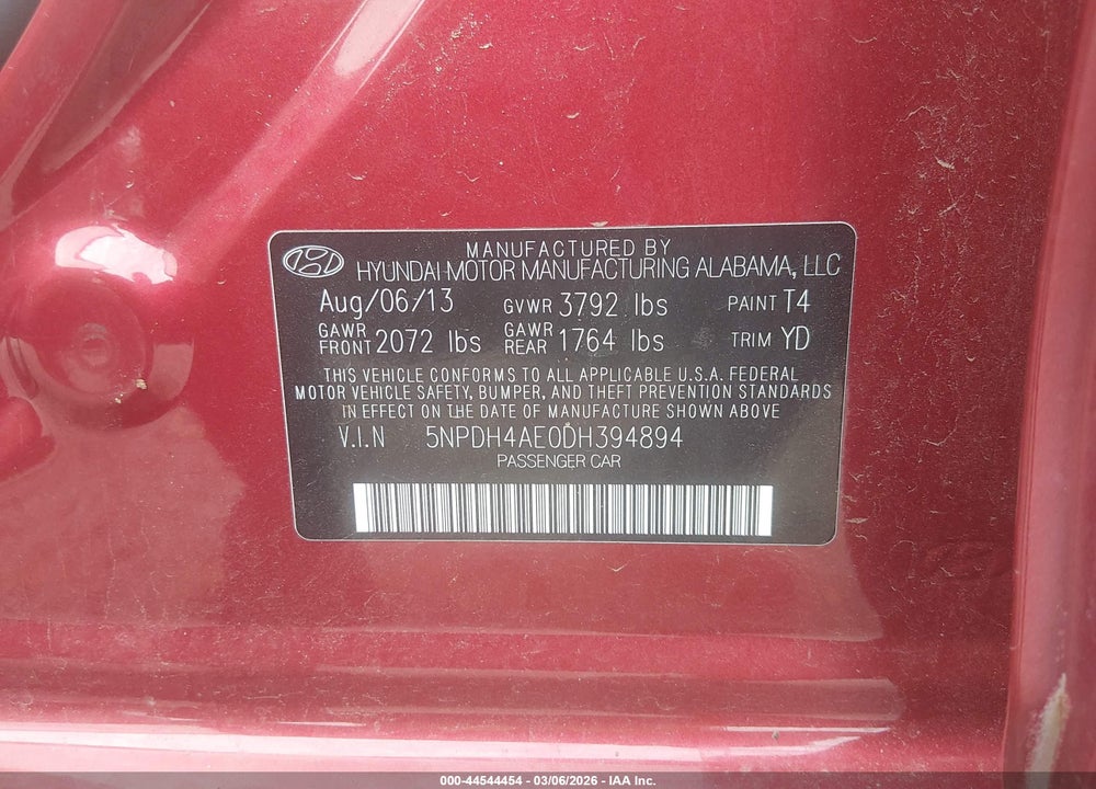 2013 HYUNDAI ELANTRA LIMITED VIN: 5NPDH4AE0DH394894