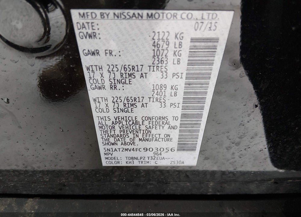 2015 NISSAN ROGUE S VIN: 5N1AT2MV4FC903056