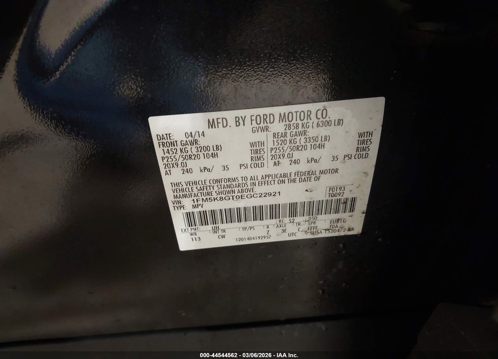 2014 FORD EXPLORER SPORT VIN: 1FM5K8GT0EGC22921