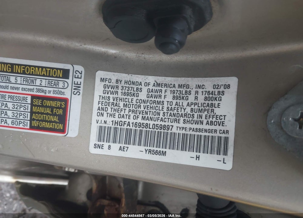 2008 HONDA CIVIC EX-L VIN: 1HGFA16958L059897