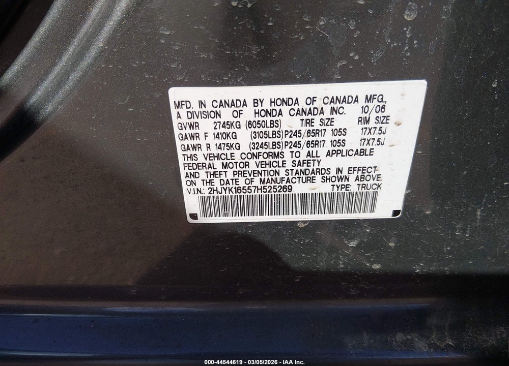 2007 HONDA RIDGELINE RTL VIN: 2HJYK16557H525269