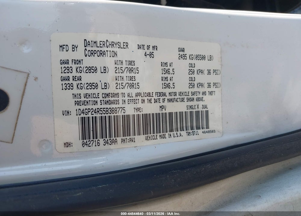 2005 DODGE GRAND CARAVAN SE VIN: 1D4GP24R55B388775