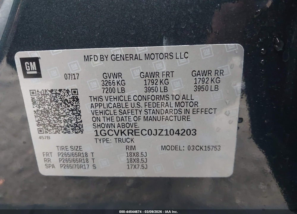 2018 CHEVROLET SILVERADO 1500 2LT VIN: 1GCVKREC0JZ104203