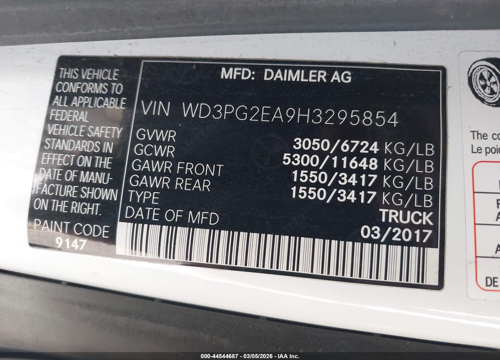 2017 MERCEDES-BENZ METRIS VIN: WD3PG2EA9H3295854