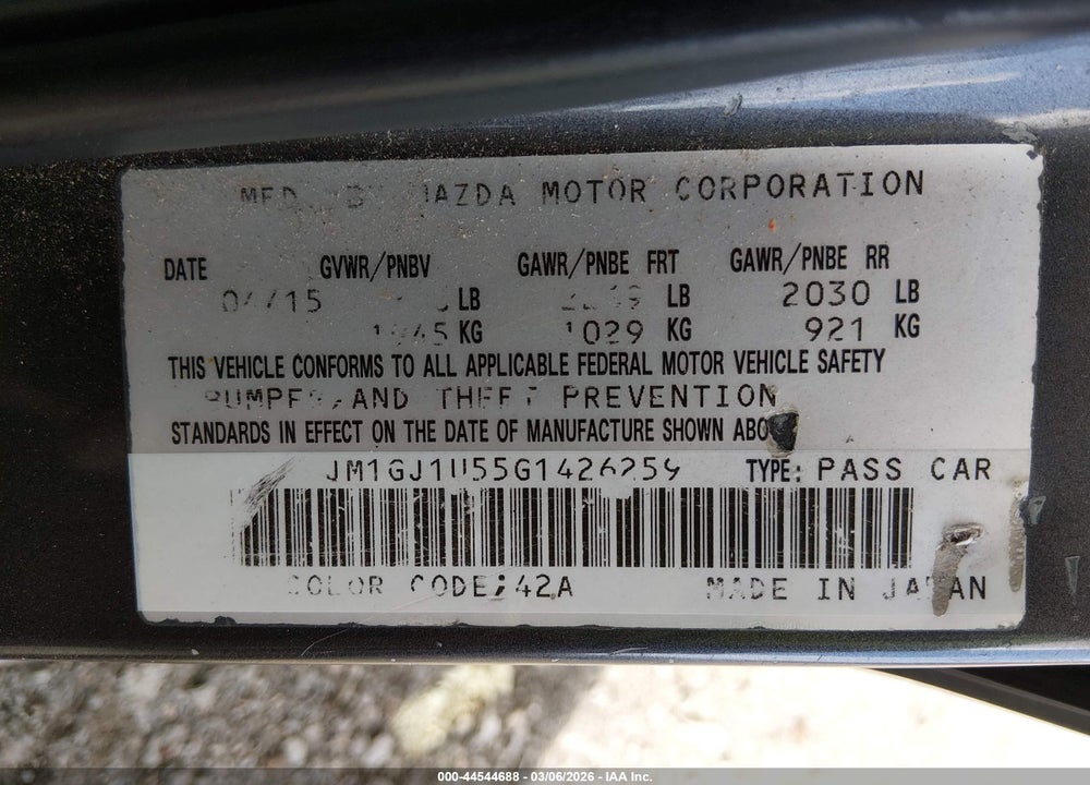 2016 MAZDA 6 I SPORT VIN: JM1GJ1U55G1426259