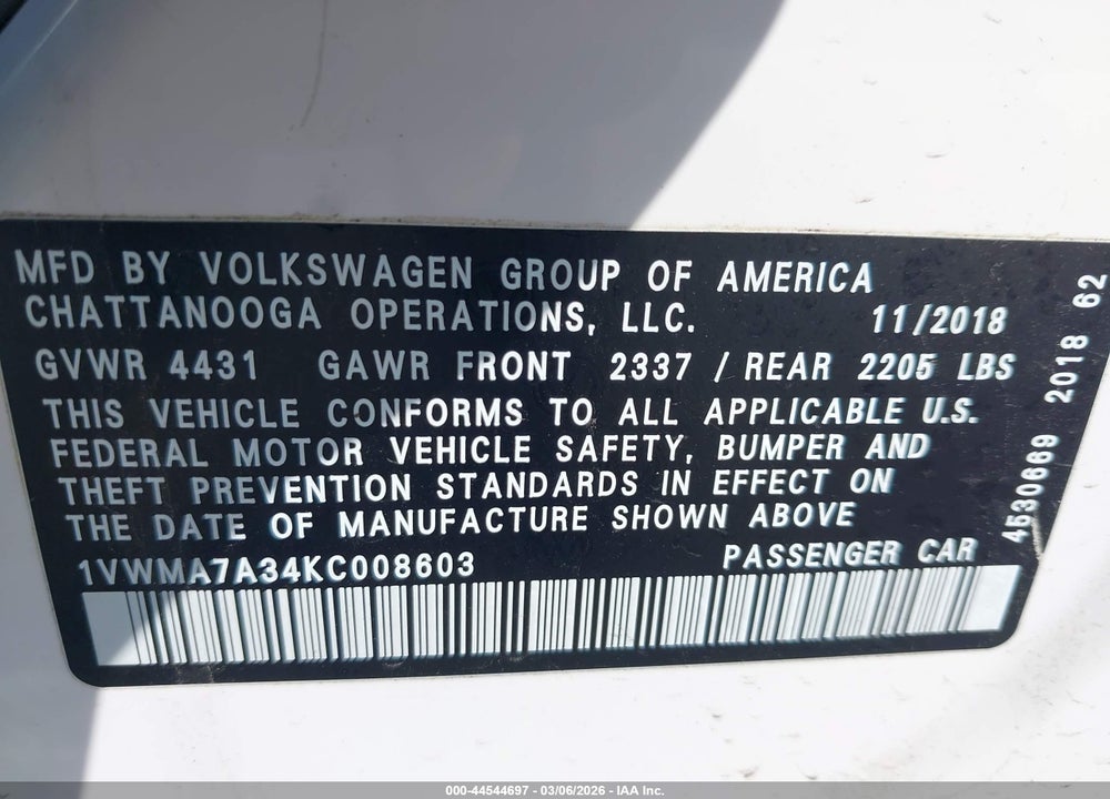 2019 VOLKSWAGEN PASSAT 2.0T SE R-LINE VIN: 1VWMA7A34KC008603