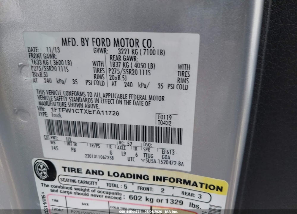 2014 FORD F-150 PLATINUM VIN: 1FTFW1CTXEFA11726