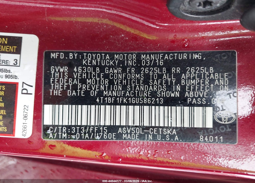 2016 TOYOTA CAMRY SE VIN: 4T1BF1FK1GU586213