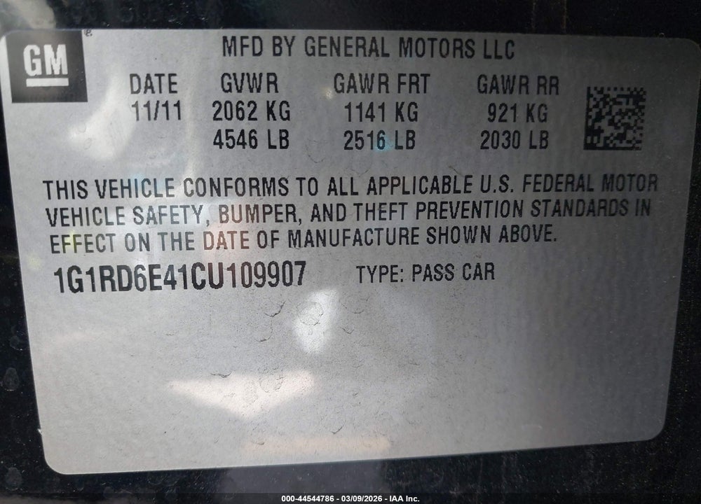 2012 CHEVROLET VOLT VIN: 1G1RD6E41CU109907