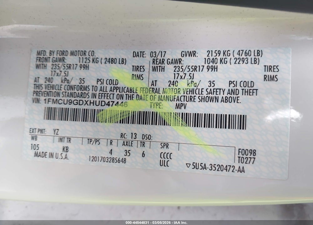 2017 FORD ESCAPE SE VIN: 1FMCU9GDXHUD47446