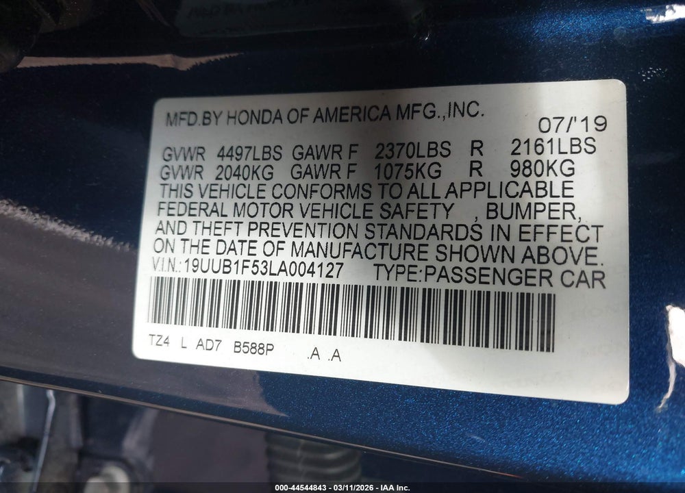 2020 ACURA TLX TECH PACKAGE VIN: 19UUB1F53LA004127