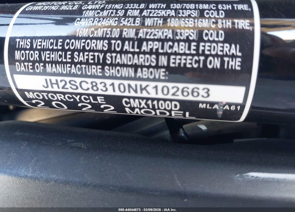2022 HONDA CMX1100 D VIN: JH2SC8310NK102663