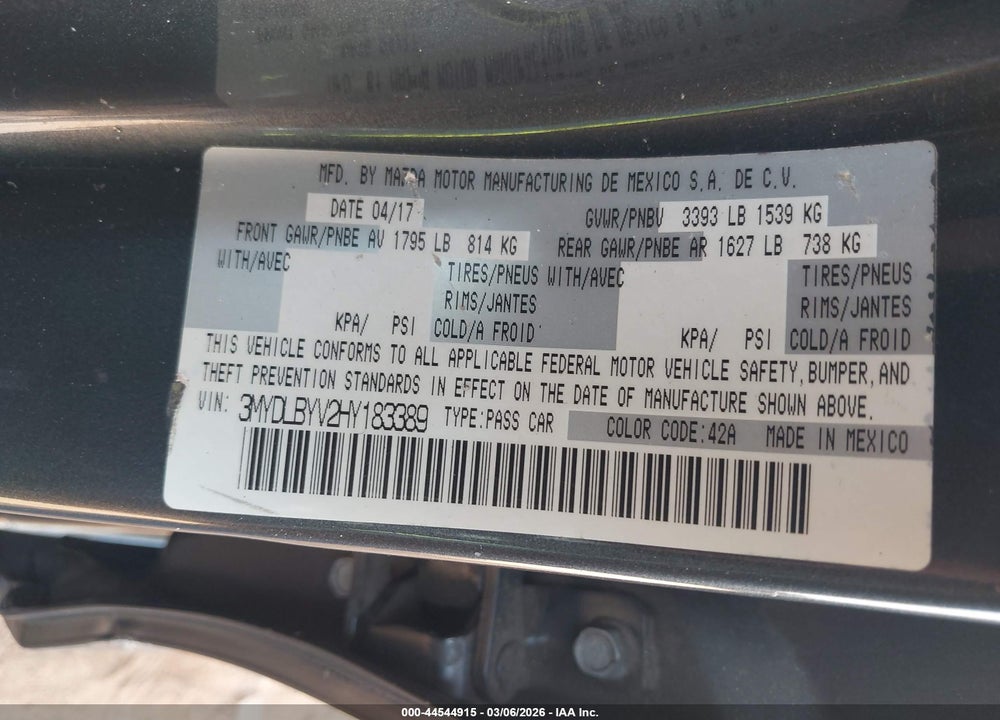 2017 TOYOTA YARIS IA VIN: 3MYDLBYV2HY183389