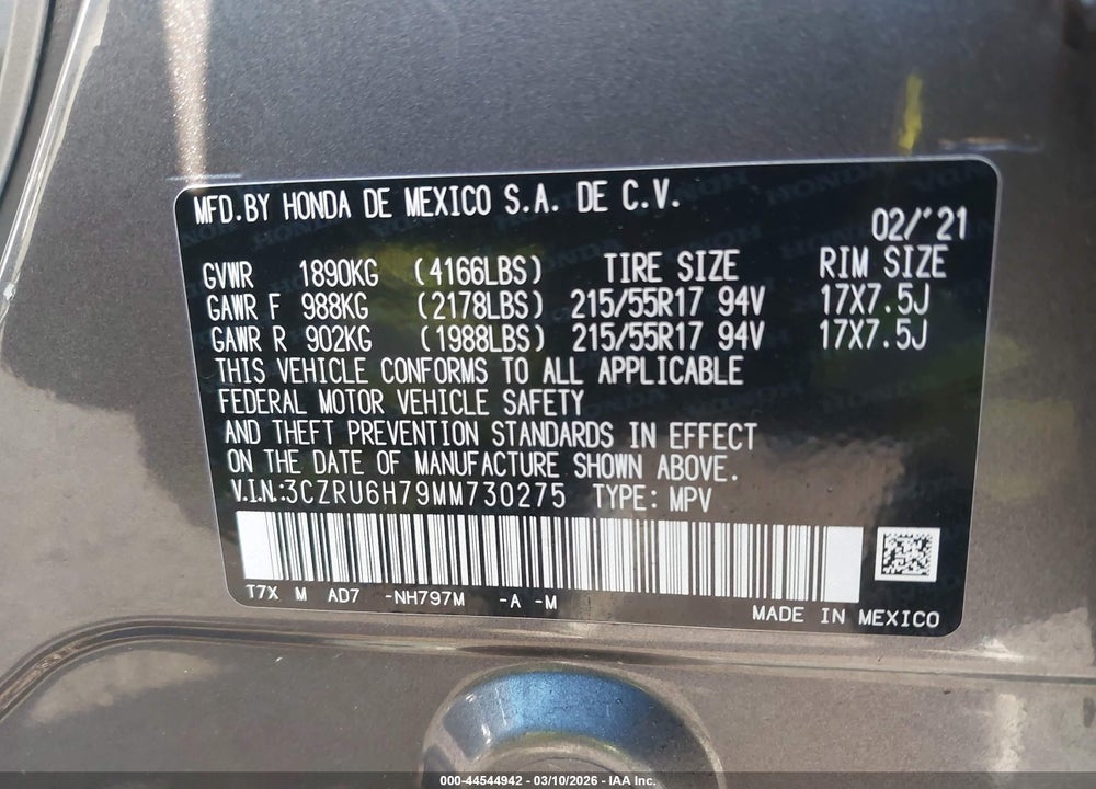 2021 HONDA HR-V AWD EX-L VIN: 3CZRU6H79MM730275