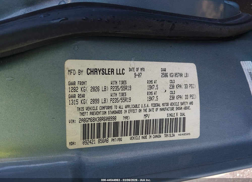 2008 CHRYSLER PACIFICA TOURING VIN: 2A8GM68X38R608998