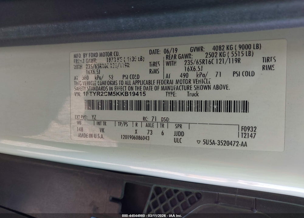 2019 FORD TRANSIT-250 VIN: 1FTYR2CM5KKB19415