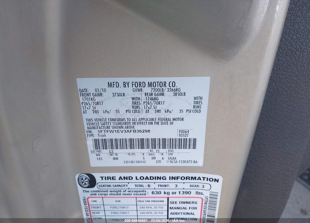2010 FORD F-150 FX4/HARLEY-DAVIDSON/KING RANCH/LARIAT/PLATINUM/XL/XLT VIN: 1FTFW1EV3AFB36298