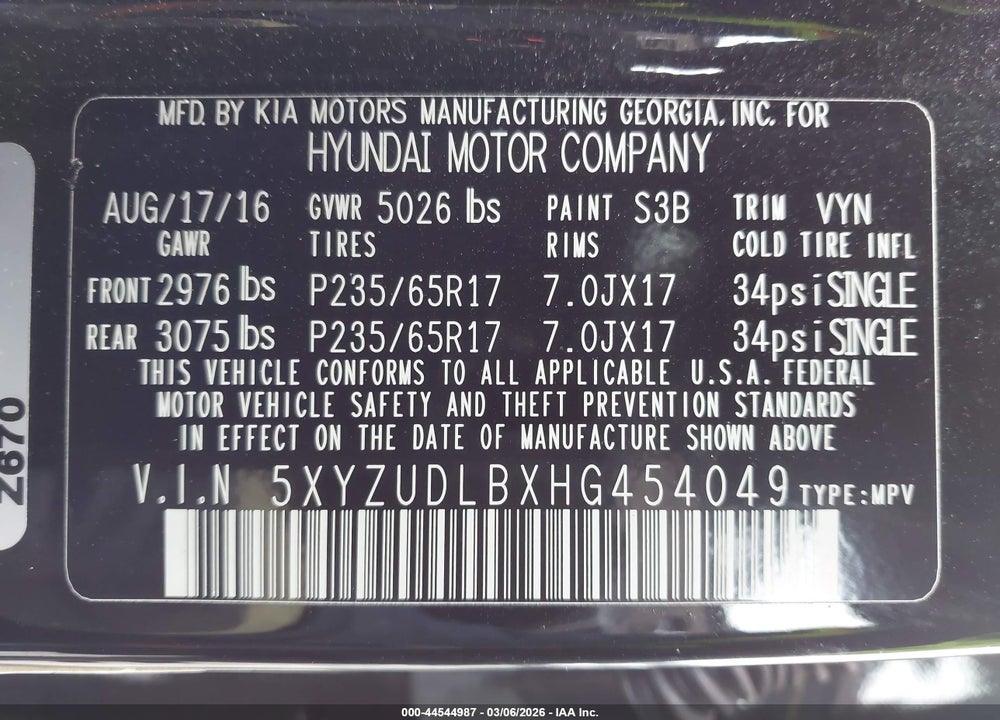 2017 HYUNDAI SANTA FE SPORT 2.4L VIN: 5XYZUDLBXHG454049