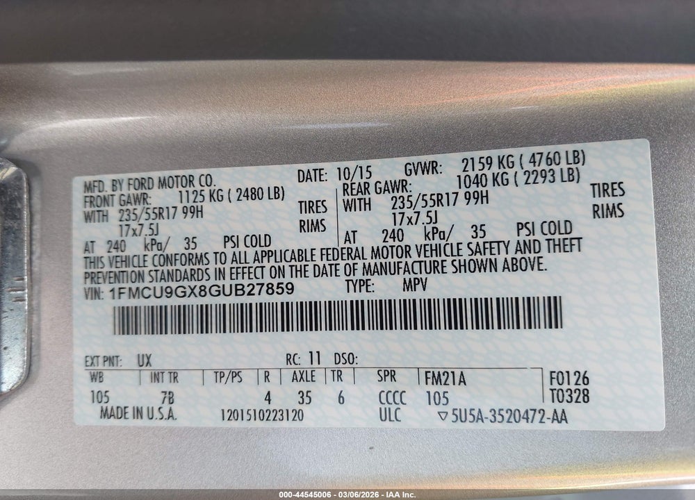 2016 FORD ESCAPE SE VIN: 1FMCU9GX8GUB27859