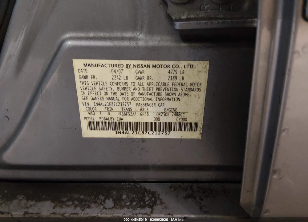 2007 NISSAN ALTIMA 2.5 S VIN: 1N4AL21E87C212757