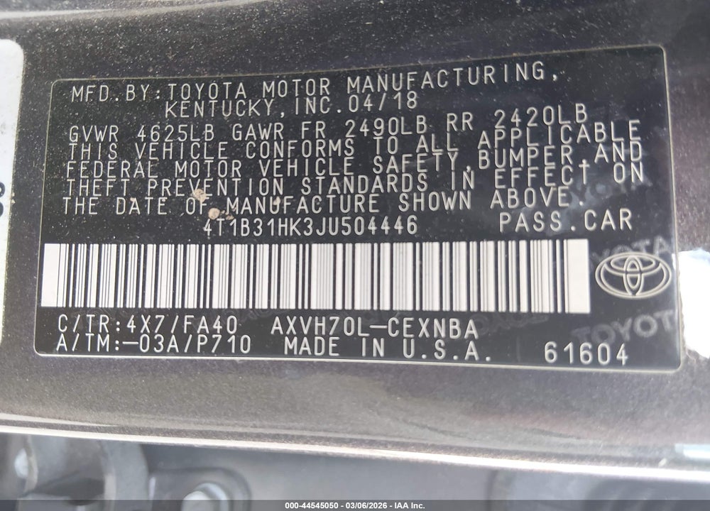 2018 TOYOTA CAMRY HYBRID LE VIN: 4T1B31HK3JU504446