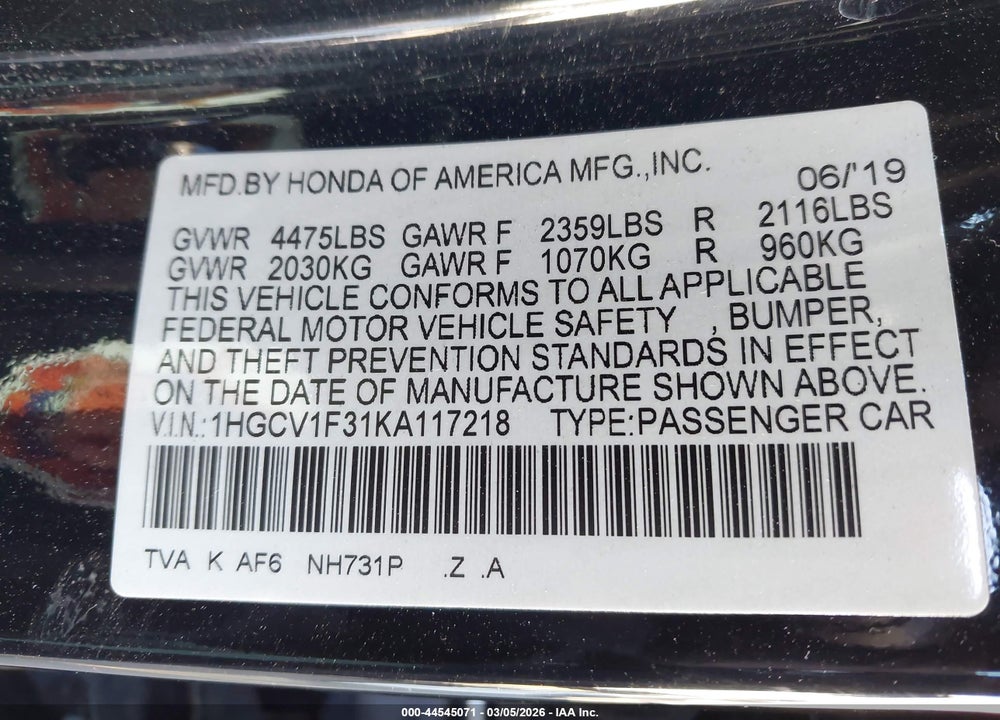 2019 HONDA ACCORD SPORT VIN: 1HGCV1F31KA117218