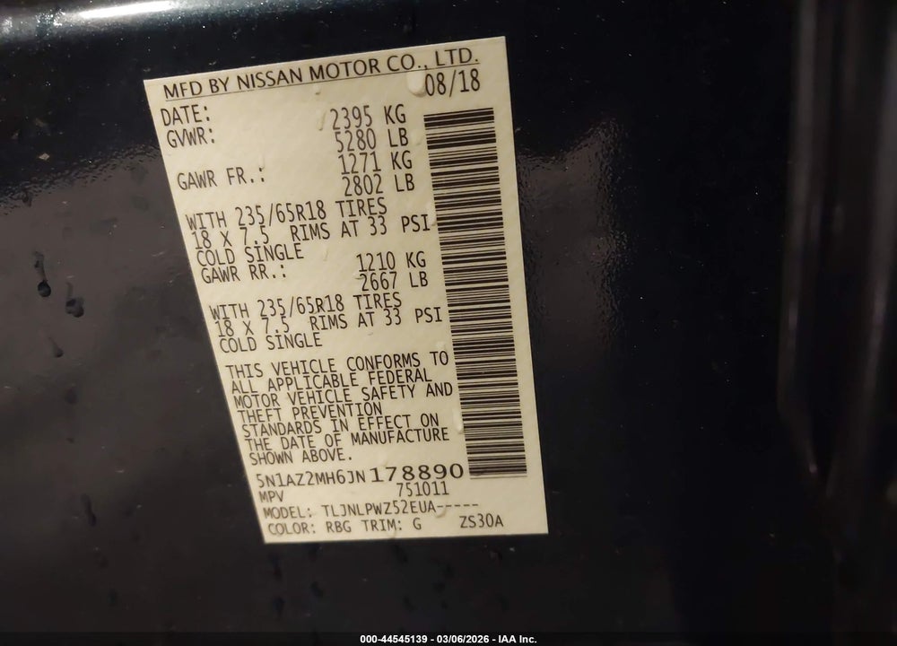 2018 NISSAN MURANO S VIN: 5N1AZ2MH6JN178890