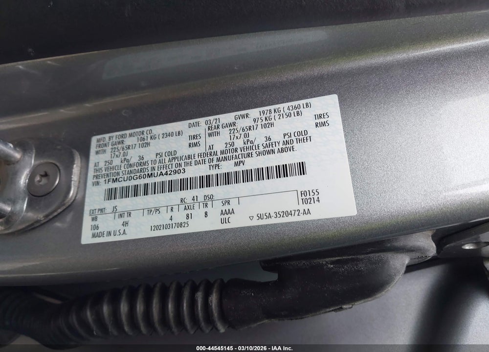 2021 FORD ESCAPE SE VIN: 1FMCU0G60MUA42903