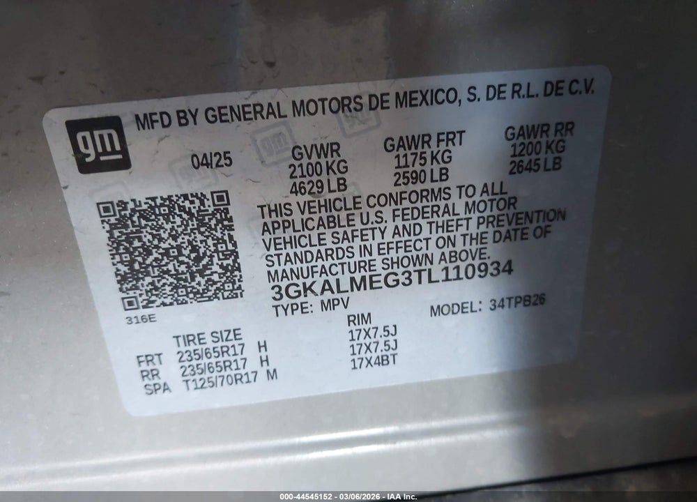 2026 GMC TERRAIN FWD ELEVATION VIN: 3GKALMEG3TL110934