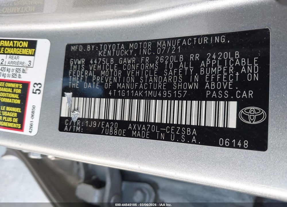 2021 TOYOTA CAMRY SE VIN: 4T1G11AK1MU495157