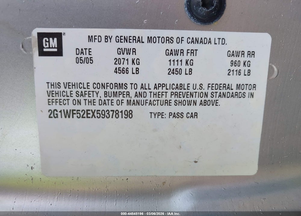 2005 CHEVROLET IMPALA VIN: 2G1WF52EX59378198
