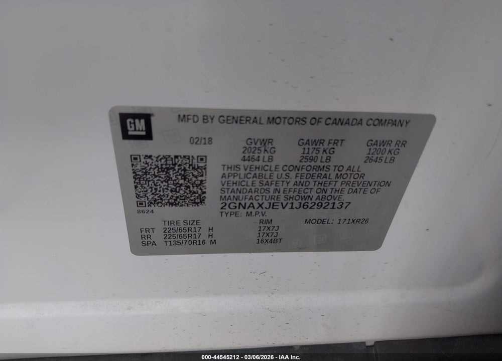 2018 CHEVROLET EQUINOX LT VIN: 2GNAXJEV1J6292137