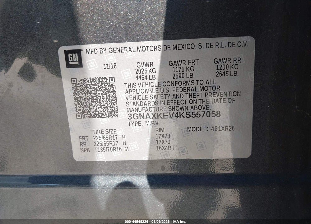 2019 CHEVROLET EQUINOX LT VIN: 3GNAXKEV4KS557058