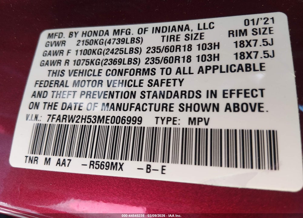 2021 HONDA CR-V AWD EX VIN: 7FARW2H53ME006999