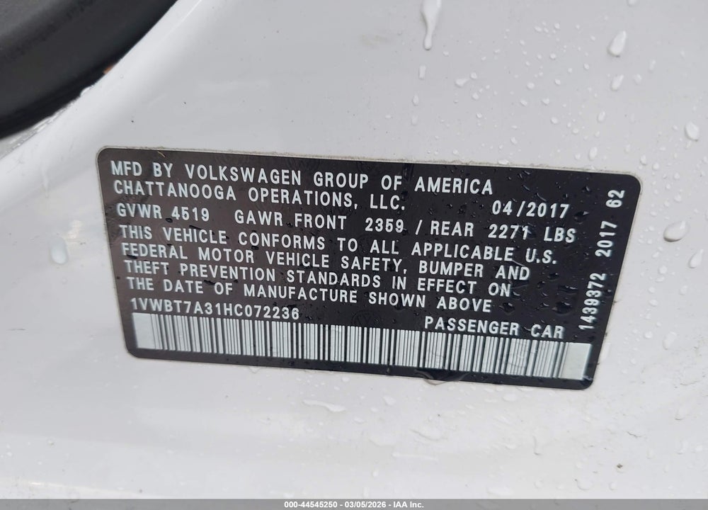 2017 VOLKSWAGEN PASSAT 1.8T SE VIN: 1VWBT7A31HC072236