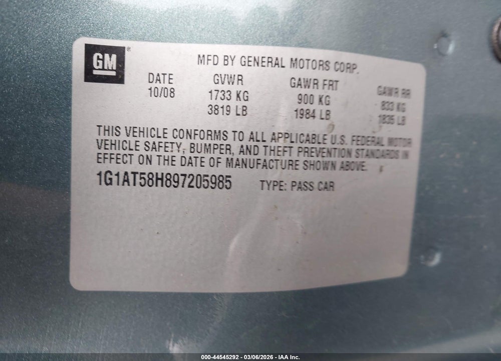 2009 CHEVROLET COBALT LT VIN: 1G1AT58H897205985