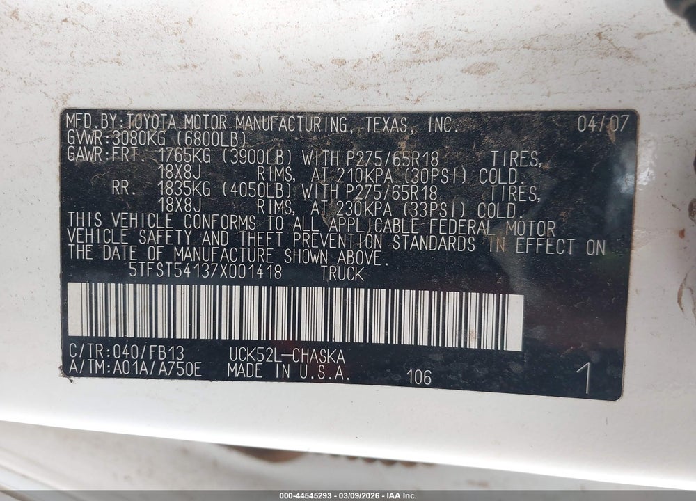 2007 TOYOTA TUNDRA SR5 4.7L V8 VIN: 5TFST54137X001418