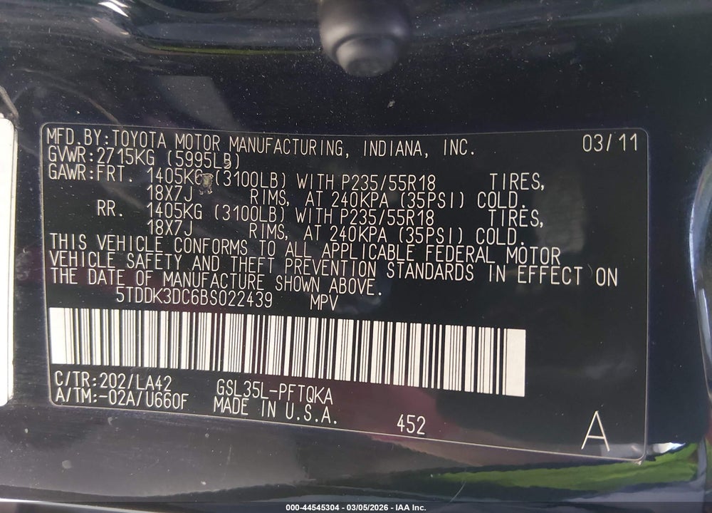 2011 TOYOTA SIENNA LIMITED VIN: 5TDDK3DC6BS022439