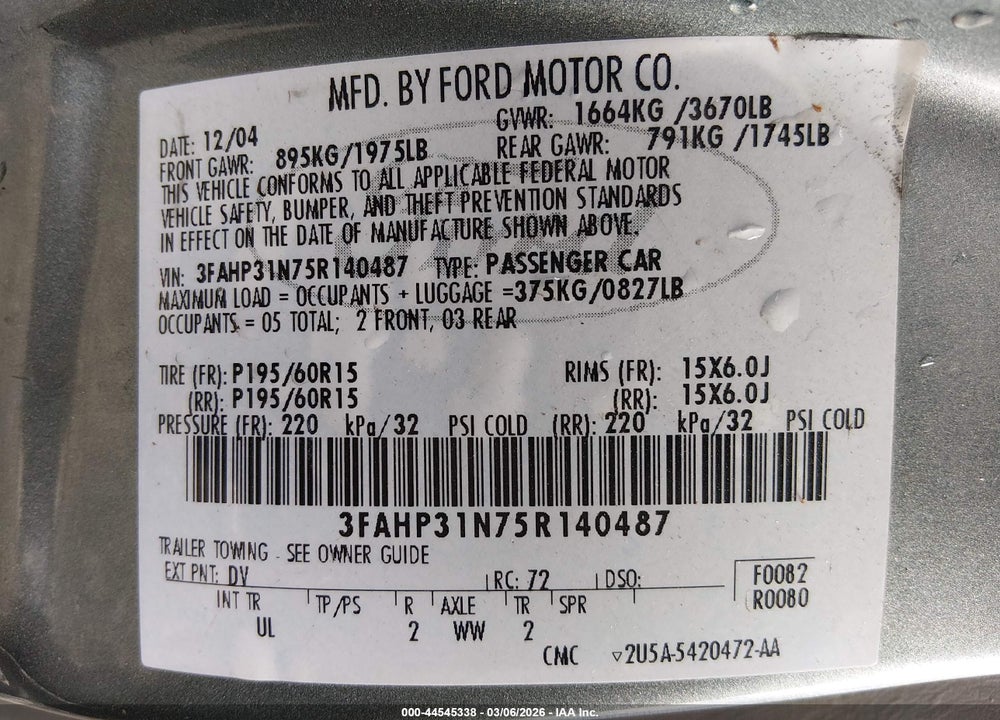2005 FORD FOCUS ZX3 VIN: 3FAHP31N75R140487