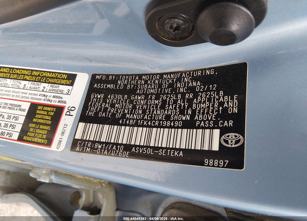 2012 TOYOTA CAMRY L VIN: 4T4BF1FK4CR198490