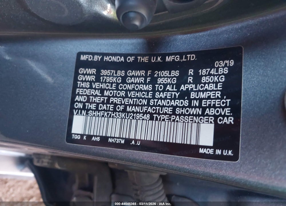 2019 HONDA CIVIC LX VIN: SHHFK7H33KU219548