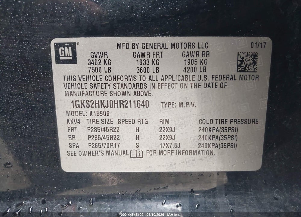 2017 GMC YUKON XL DENALI VIN: 1GKS2HKJ0HR211640