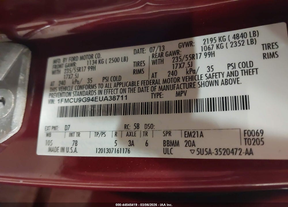 2014 FORD ESCAPE SE VIN: 1FMCU9G94EUA38711