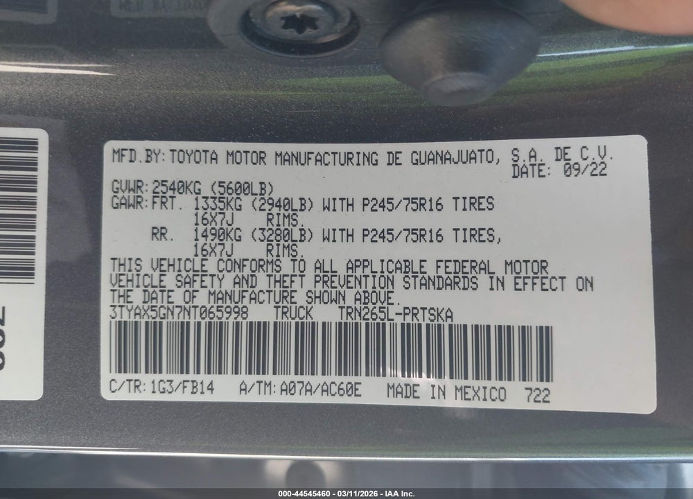 2022 TOYOTA TACOMA SR VIN: 3TYAX5GN7NT065998