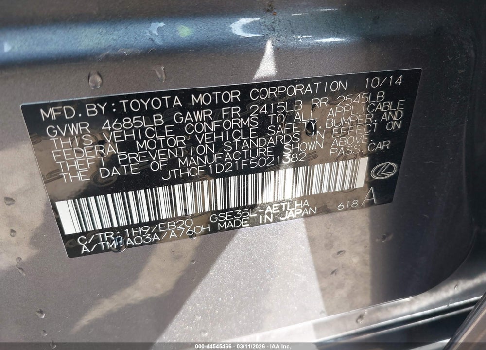 2015 LEXUS IS 250 VIN: JTHCF1D21F5021382