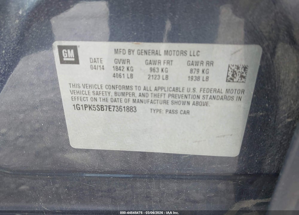 2014 CHEVROLET CRUZE LT VIN: 1G1PK5SB7E7361883