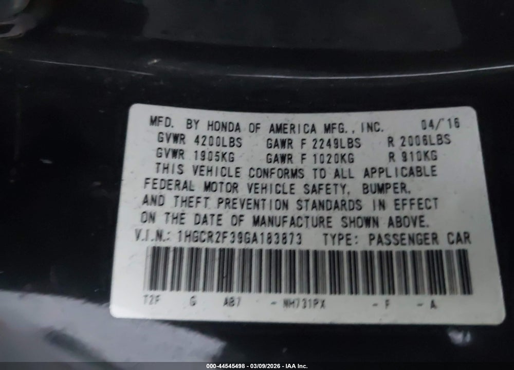 2016 HONDA ACCORD VIN: 1HGCR2F39GA183873