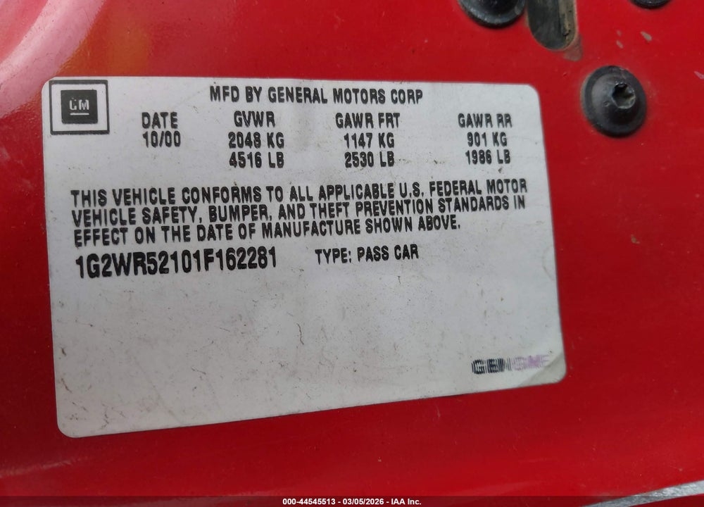 2001 PONTIAC GRAND PRIX GTP VIN: 1G2WR52101F162281