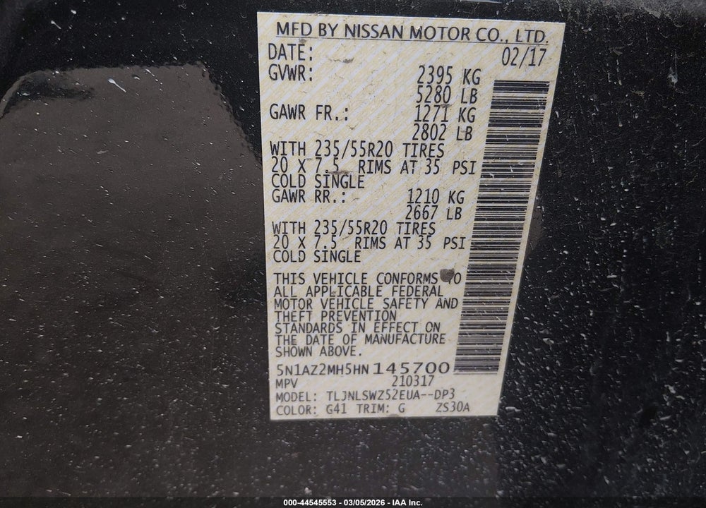 2017 NISSAN MURANO PLATINUM VIN: 5N1AZ2MH5HN145700