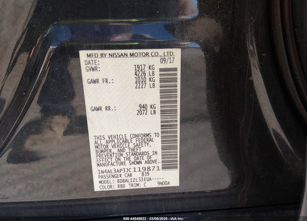 2018 NISSAN ALTIMA 2.5 SV VIN: 1N4AL3AP3JC119871